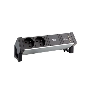 452653 - BACHMANN 937.134 Desk 2, alu fekete, 2x230V, 2x USB-A töltő